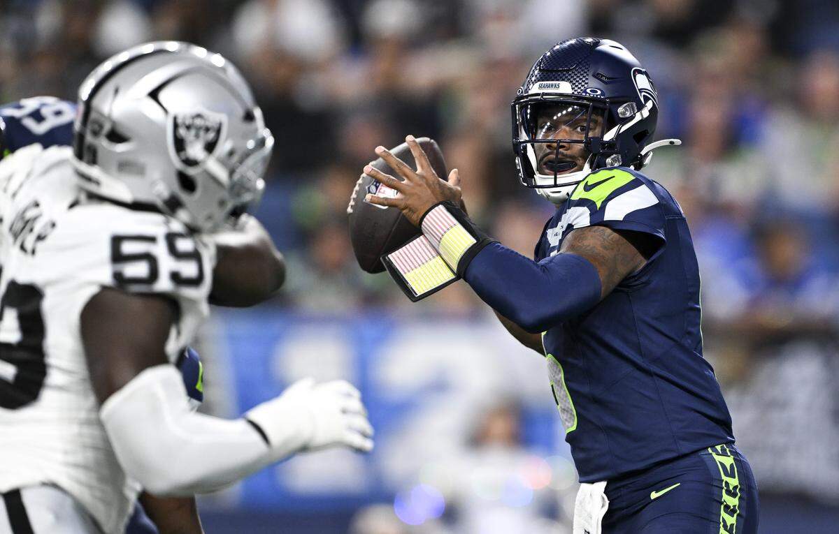 Seattle Seahawks quarterback Jalen Milroe (6) throws the ball during the fourth quarter of the game against the Las Vegas Raiders at Lumen Field, on Thursday, Aug. 7, 2025, in Seattle, Wash.