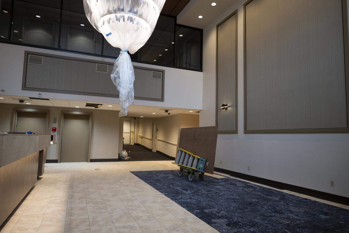 The new hotel lobby nears completion at the Emerald Queen Casino and Hotel, on Wednesday, Dec. 10, 2025, in Fife.