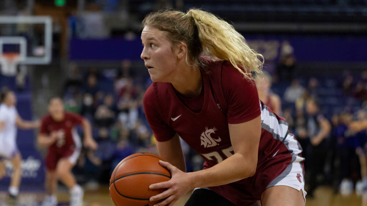 Washington State guard Grace Sarver is pictured during an NCAA basketball game against Washington on Sunday, Dec. 11, 2022, in Seattle. Washington won 82-66. (AP Photo/Stephen Brashear)