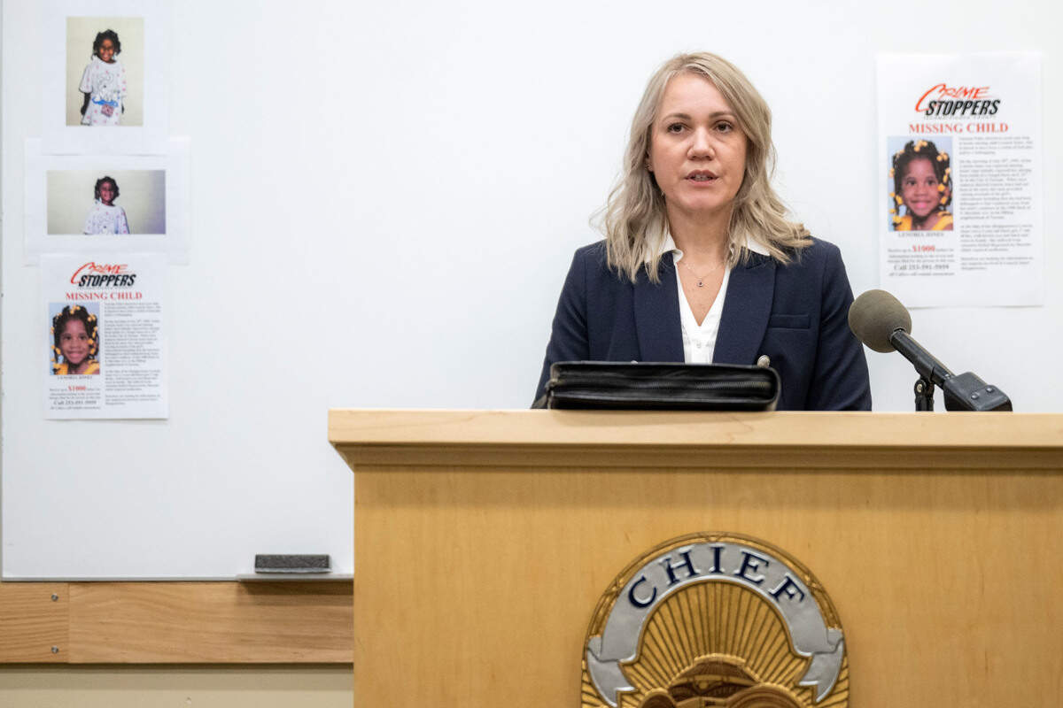 Tacoma police Det. Julie Dier briefs the media on the 1995 disappearance of three-year-old Lenoria Jones during a press conference on Thursday, March 9, 2023, in Tacoma, Wash.
