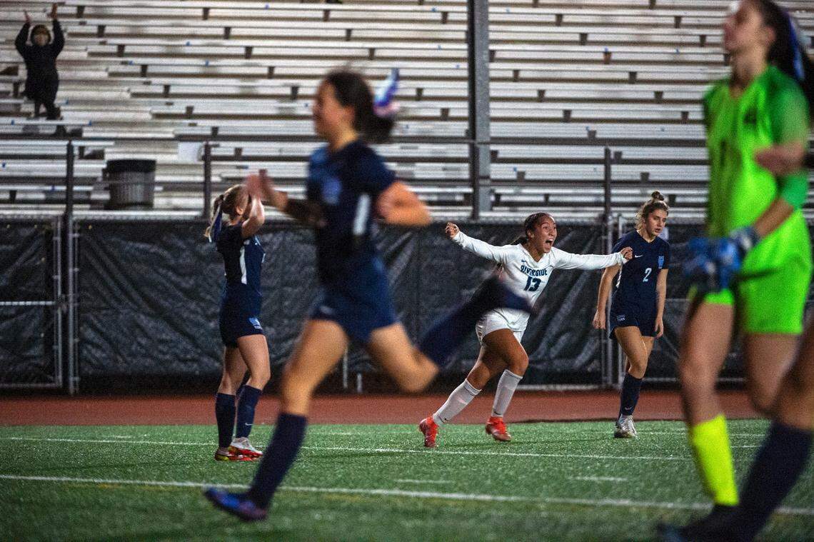 Auburn Riverside’s Samiah Shell celebrates after scoring a goal in the first half of the District 3/4 girls soccer championship game against Gig Harbor on Thursday night at South Sound Stadium in Lacey.