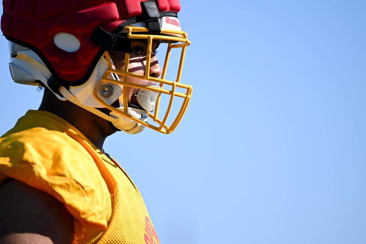 Mount Tahoma’s Marquise Thorpe-Taylor looks on during practice at Mount Tahoma High School, Friday, Aug. 18, 2023, in Tacoma, Wash.