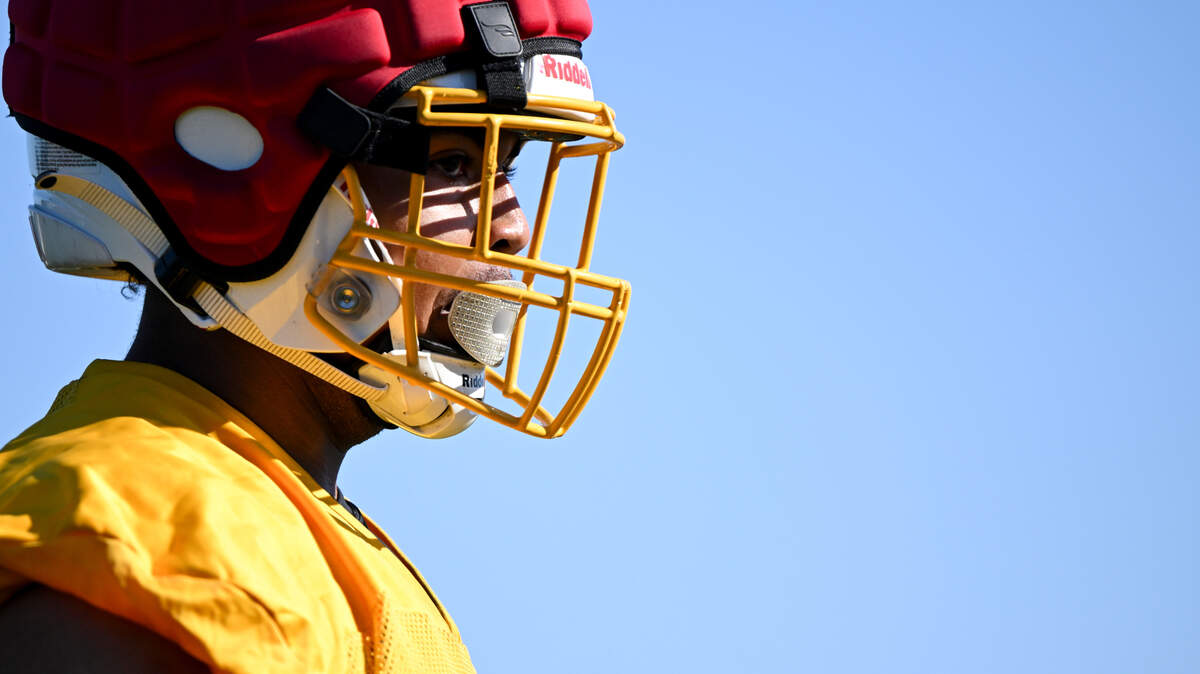 Mount Tahoma’s Marquise Thorpe-Taylor looks on during practice at Mount Tahoma High School, Friday, Aug. 18, 2023, in Tacoma, Wash.