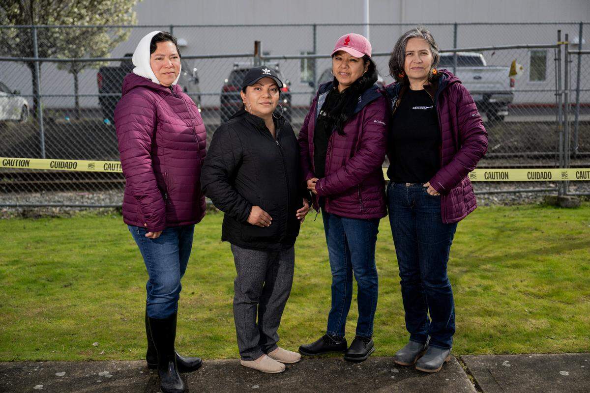 From left, Wendy Pantoja, Vilma Arias, Rufina Reyes Ametes and Maru Mora-Villalpando of La Resistencia, pose for a portrait at the Northwest ICE Processing Center, on Monday, March 25, 2024, in Tacoma, Wash.