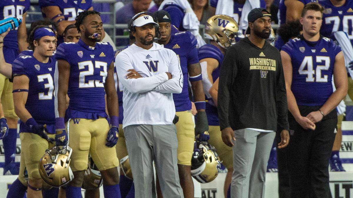 UW head coach Jimmy Lake watches the upset unfold in the fourth quarter. The Washington Huskies played the Montana Grizzlies at Husky Stadium in Seattle, Wash., on Saturday, Sept. 4, 2021.
