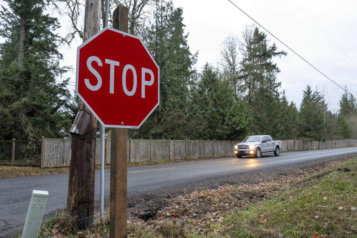 A stop sign stands at the intersection of 288th Street East and the southbound lane of 132nd Avenue East on Tuesday, Dec. 2, 2025, in Graham, Wash. Google Maps shows there was no stop sign there as of July 2024.