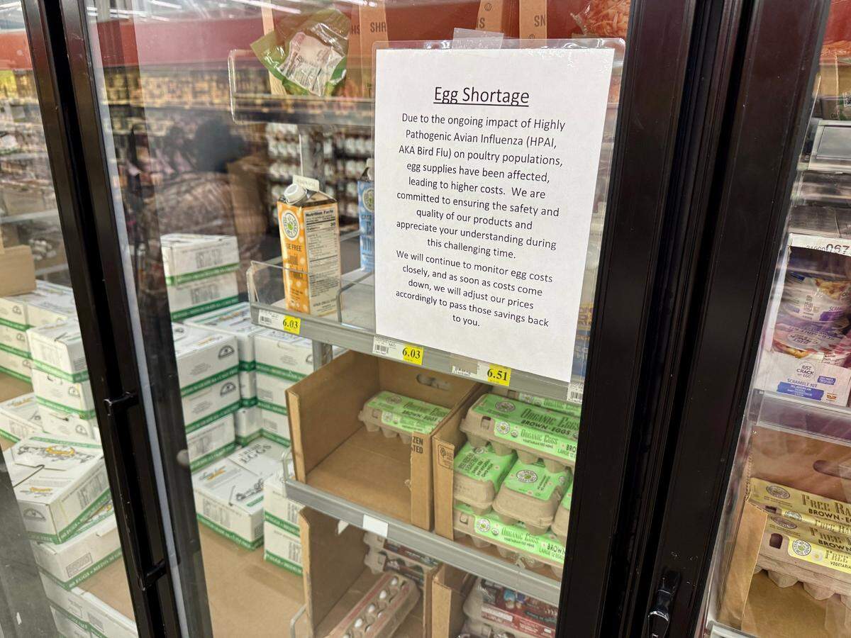 A sign alerts customers to the impact of avian flu outbreaks on the supply and price of eggs at WinCo Foods at 1913 S 72nd St. in Tacoma, Wash., on Jan. 12, 2025.