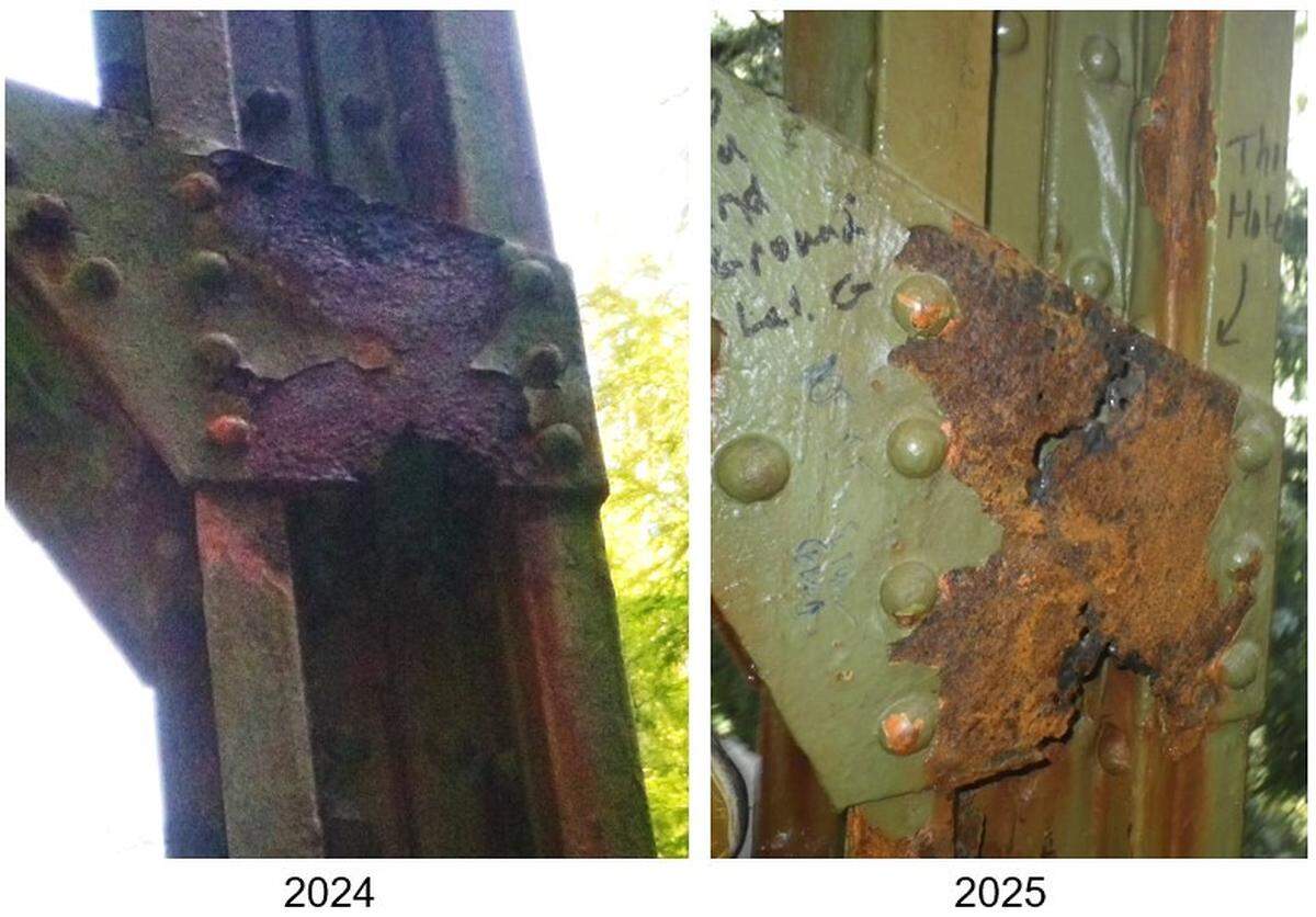 This is a side-by-side comparison of the same gusset plate on the bridge, pictured in 2024 and 2025. The steel is rusting and getting progressively worse, prompting safety concerns that led WSDOT to shut the bridge down permanently.