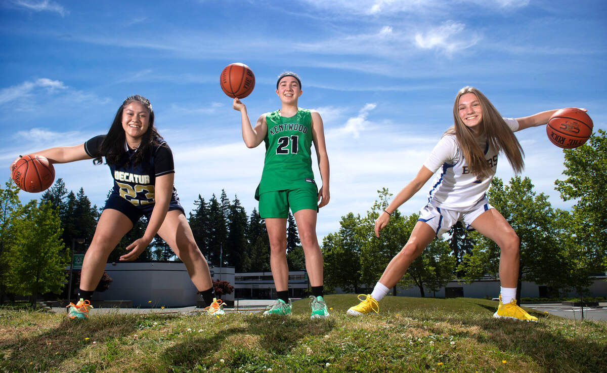 Sophomore basketball guards (from left) Decatur’s Jewel Young, Kentwood’s Jersey Huerta and Tahoma’s Hope Hassmann have been battling it out since they were freshmen in the 4A NPSL. They are shown at Kentwood High School in Kent, Washington, on Thursday, June 24, 2021.