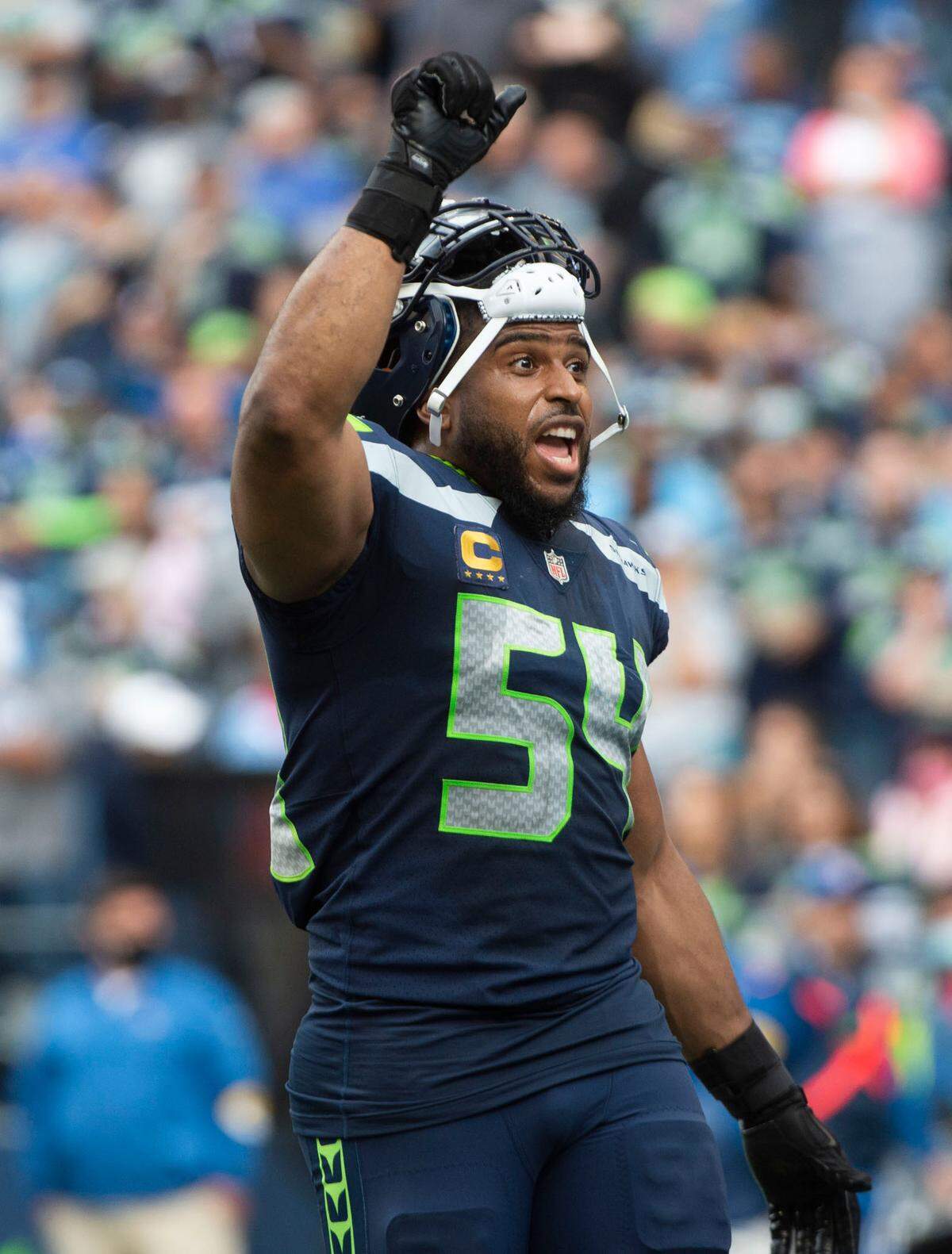 Bobby Wagner hollers at the fans after a touchdown pass to Julio Jones was overturned for stepping out of bounds. The Seattle Seahawks played the Tennessee Titans in an NFL football game at Lumen Field in Seattle, Wash., on Sunday, Sept. 19, 2021.