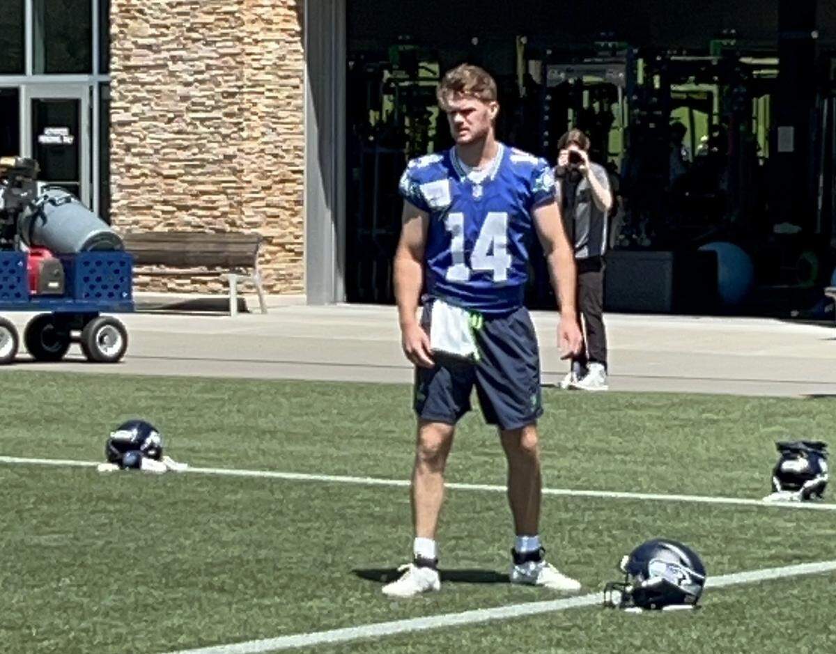 New Seahawks franchise quarterback Sam Darnold begins the first practice of Seattle Seahawks NFL minicamp at the Virginia Mason Athletic Center in Renton June 10, 2025.