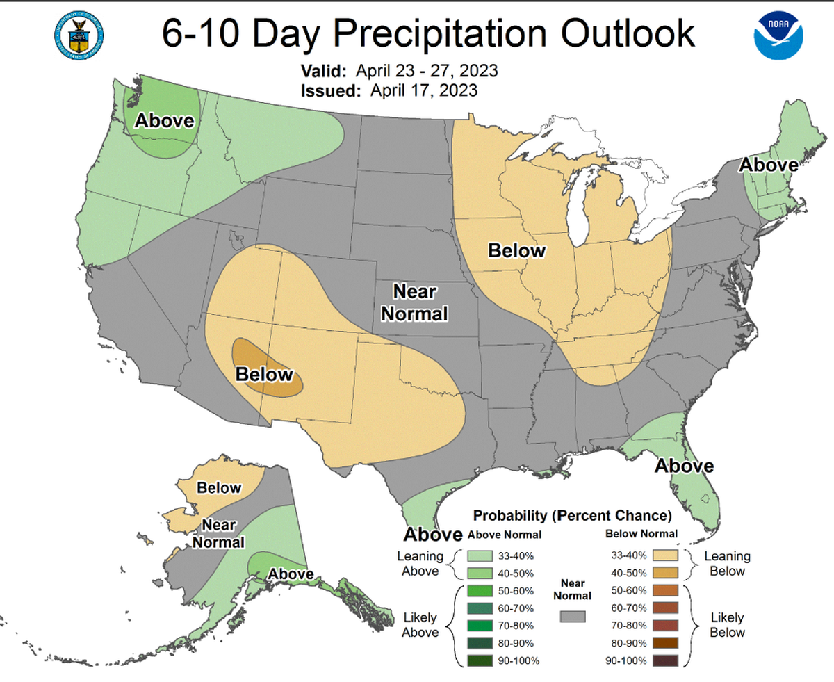 The Climate Prediction Center forecasts a 40-50% chance of above-average precipitation for Washington over the next 10 days.
