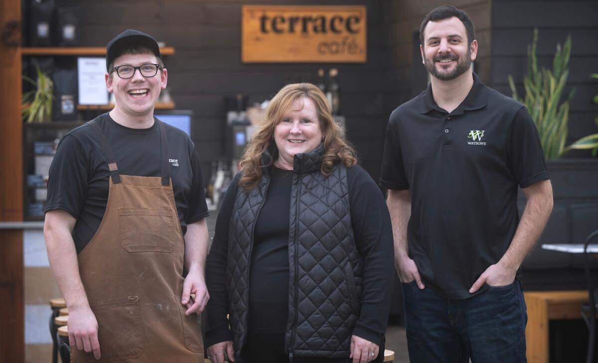 Maidee Watson (center) and her son Addison (right) spearheaded the cafe concept. Chef Jordan Fisher leads a staff of about 10 through seasonal menu changes that includes house pastries.