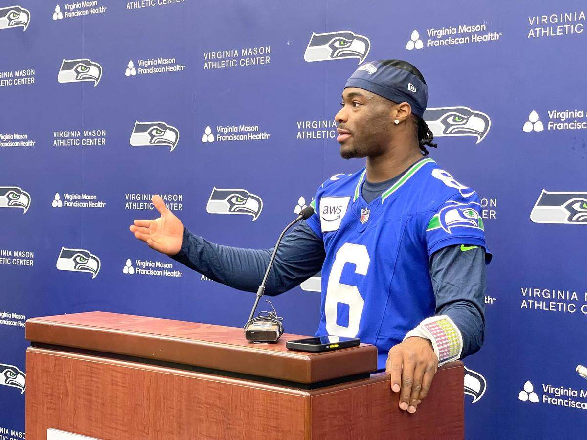 Seahawks rookie quarterback Jalen Milroe speaks to media members during rookie minicamp at the Virginia Mason Athletic Center in Renton Friday, May 2, 2025.
