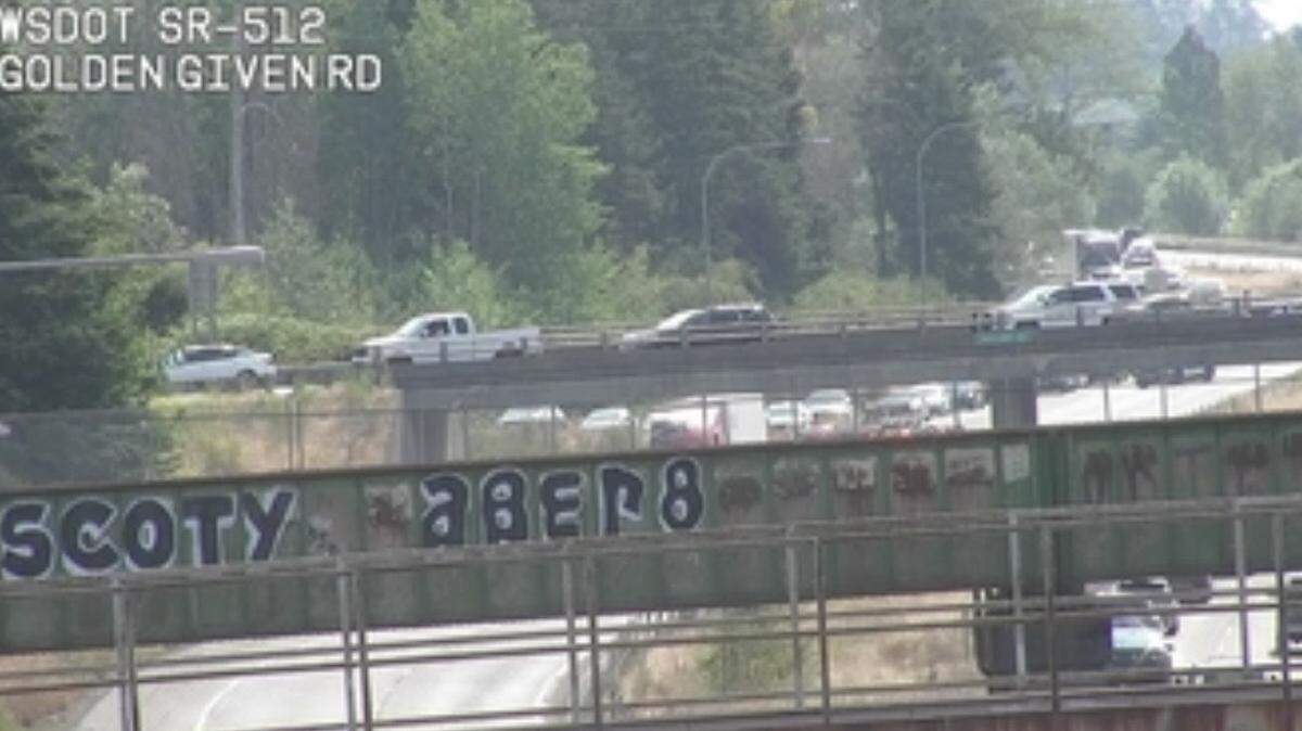 Westbound state Route 512 at Portland Avenue near Parkland is closed due to a semi-truck fire, according to the Washington State Department of Transportation.