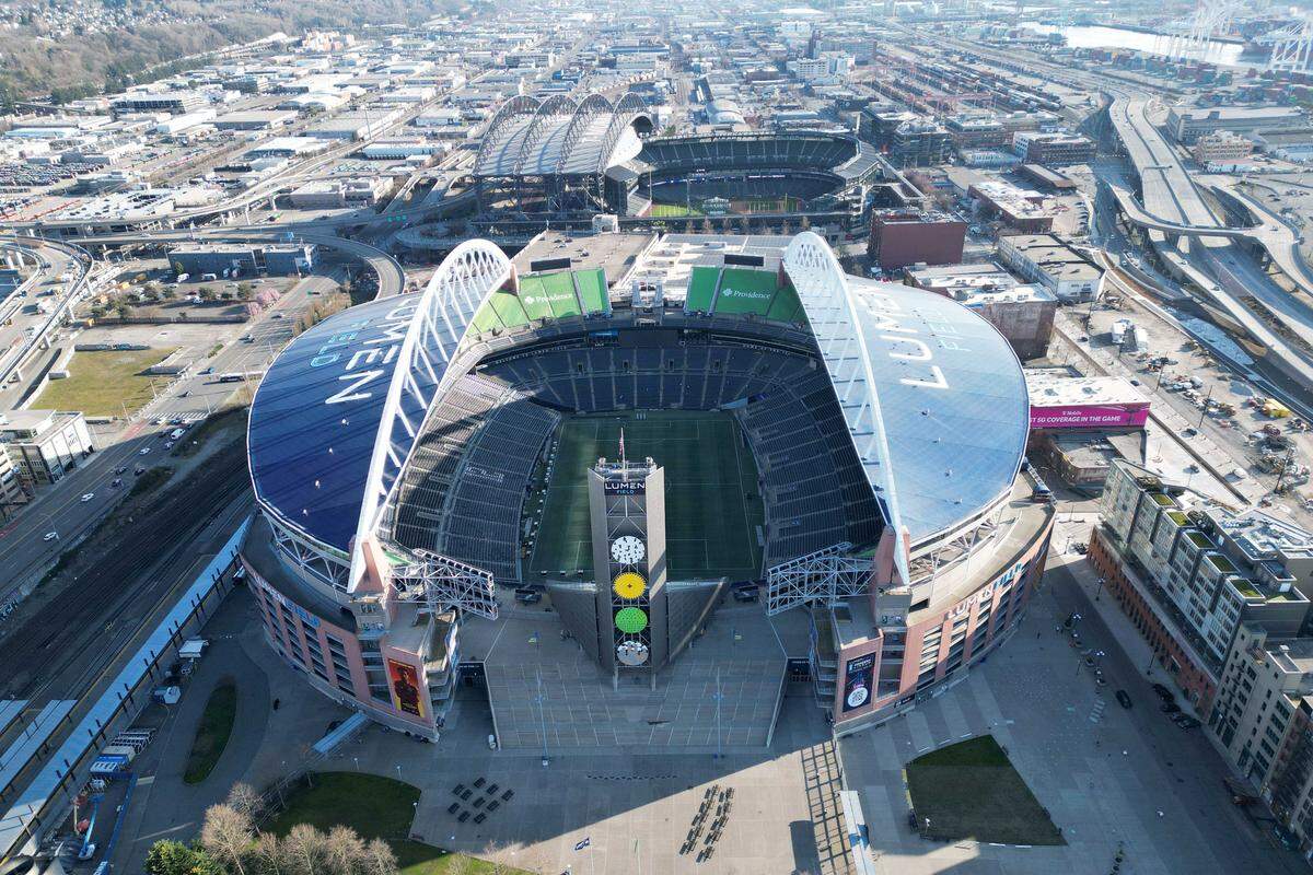 Mar 18, 2023; Seattle, Washington, USA; A general overall aerial view of Lumen Field (foreground) and T-Mobile Park. The stadium is the home of the Seattle Sounders FC and Seattle Seahawks. Mandatory Credit: Kirby Lee-USA TODAY Sports