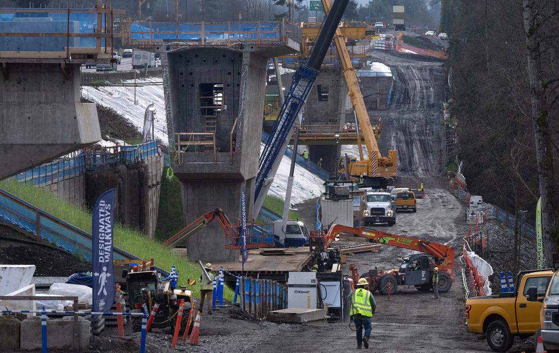 The Federal Way Link Extension “Structure C” bridge construction in Federal Way, Washington, on Monday, Dec. 18, 2023.