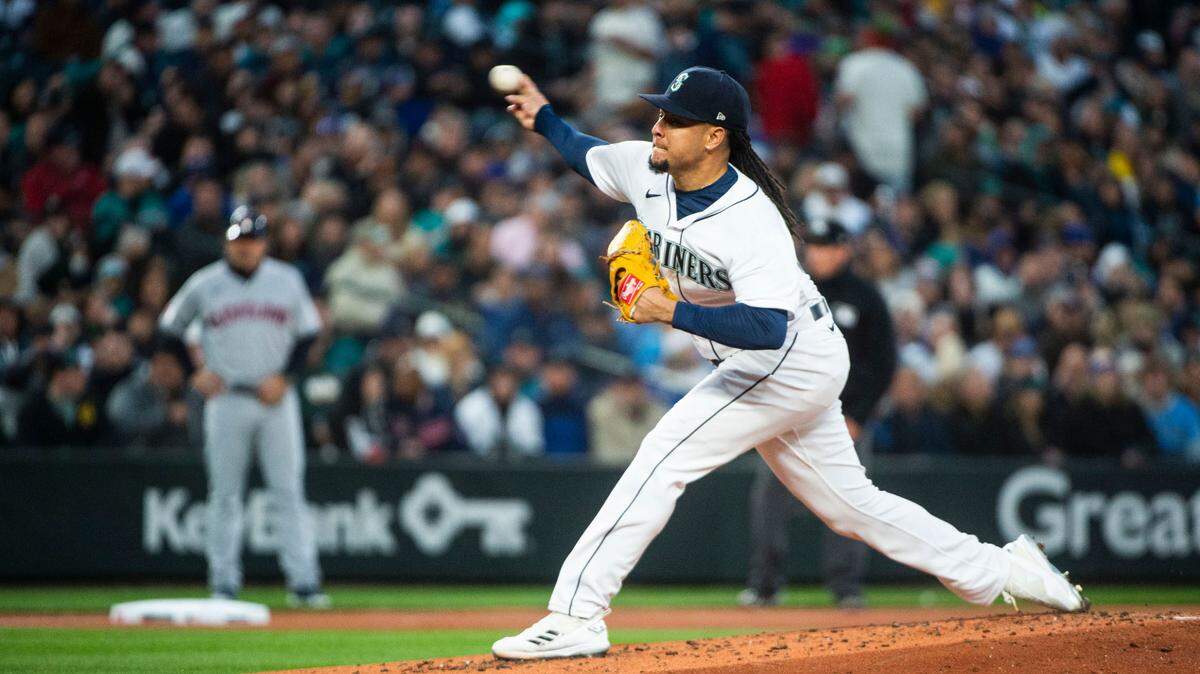 Seattle Mariners starting pitcher Luis Castillo (58) pitches during the second inning of the Mariners home opener against the Cleveland Guardians at T-Mobile Park in Seattle on Thursday, March 30, 2023.