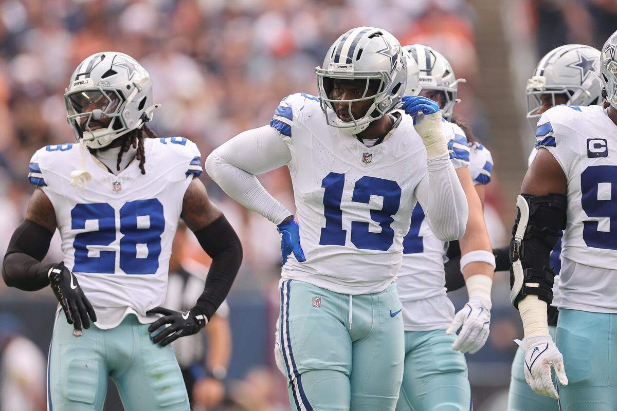 CHICAGO, ILLINOIS - SEPTEMBER 21: Dante Fowler Jr. #13 of the Dallas Cowboys looks on against the Chicago Bears at Soldier Field on September 21, 2025 in Chicago, Illinois. (Photo by Michael Reaves/Getty Images)