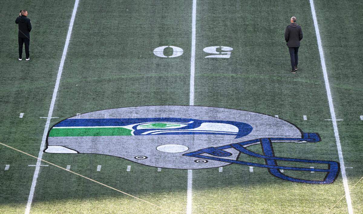 Throwback signage is displayed on the field ahead of the game between the Seattle Seahawks and The Cleveland Browns at Lumen Field, Sunday, Oct. 29, 2023, in Seattle, Wash.