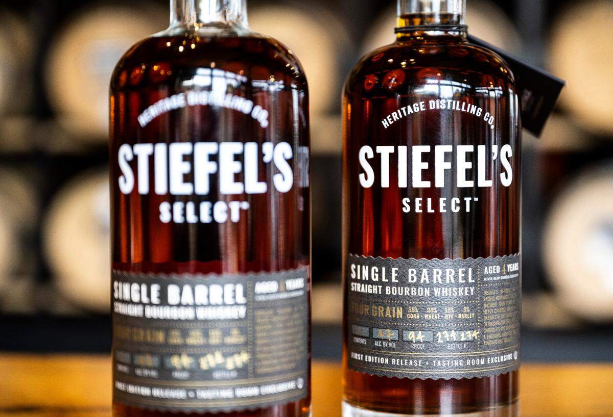 Bottles of Heritage Distilling Company’s first line of single-barrel whiskey that were released on October 29, 2022, sit on a counter at Heritage Distilling Co. in Gig Harbor, Wash. on Oct. 26, 2022. The bottlings from these barrels will range in age from about four years to nine and the initial release carries four grains grown within the state’s borders. 