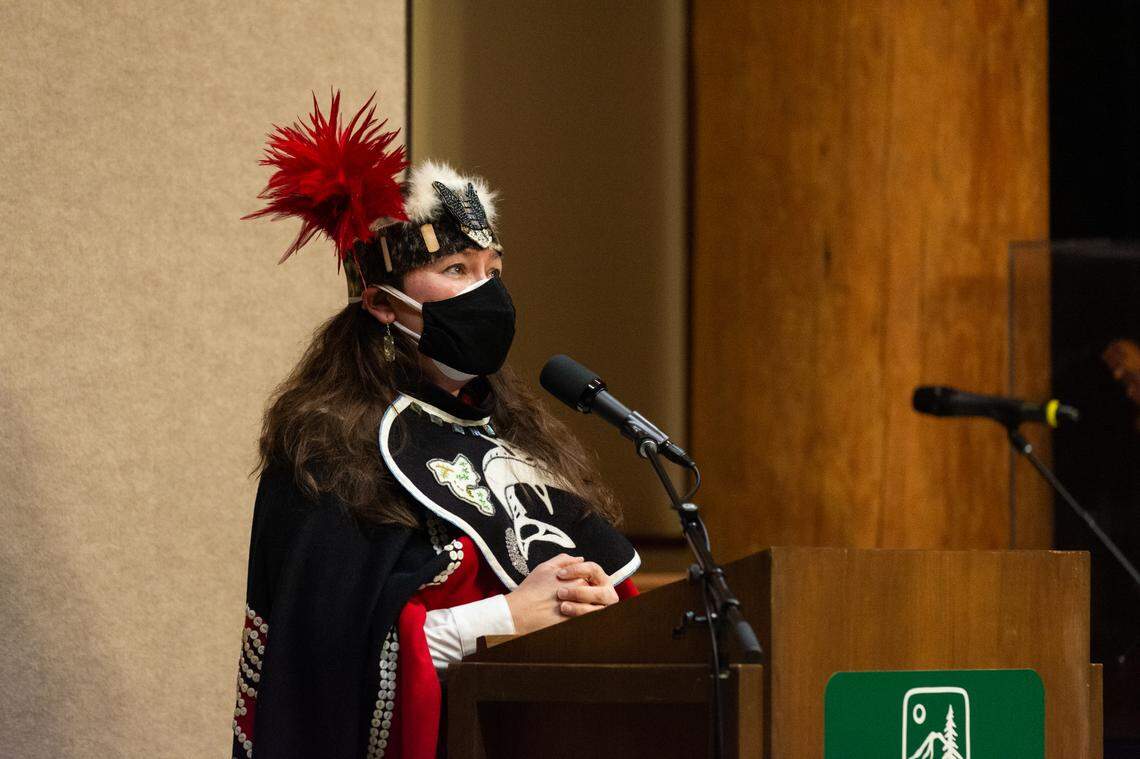Davina Barril, who is also Tlingit and a member of the Alaska Kuteeyaa Dancers, shares stories about her grandmother Amy Hallingstad at the Elizabeth Peratrovich Day celebration Wednesday, Feb. 16, at the Evergreen Longhouse at Evergreen State College in Olympia, Wash. Hallingstad advocated for desegregating schools, noting that Alaska Natives were forced to pay taxes to support the whites-only public school their children could not attend.