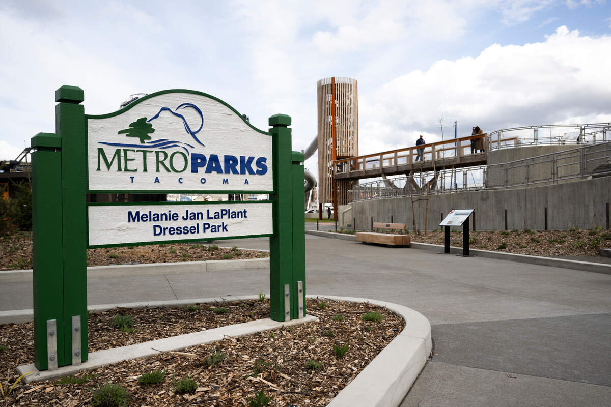 Melanie’s Park has a tower slide, log scramble and and elements that calls back to the Puyallup Tribe history and history of the waterway, on Wednesday, April 3, 2024, in Tacoma, Wash.