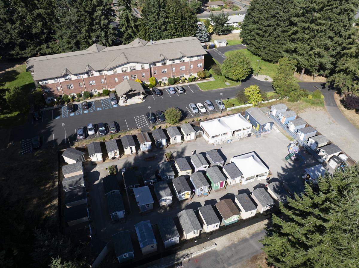 Tacoma Emergency Micro Shelter (TEMS) 3, one of a few shelter stability sites established by the city during the COVID-19 pandemic, on Tuesday, Sept. 16, 2025, in Tacoma.
