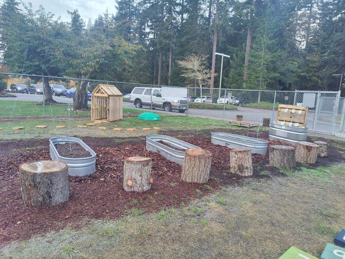Students at the outdoor learning site at Voyager garden in planter boxes.