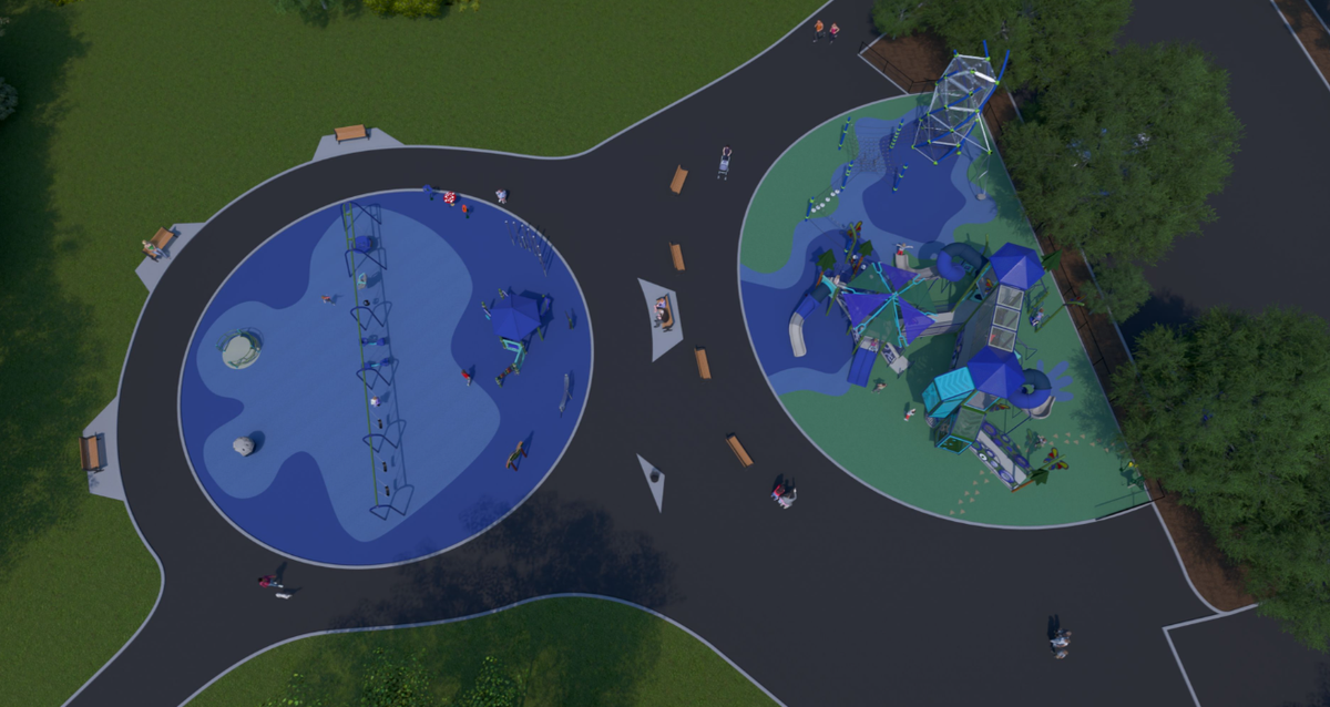 A sky-high view of a rendering for a new playground design at Bradley Lake Park, located at 531 31st Ave. SE in Puyallup, Wash. The new swing zone is located on the left, the main play area on the right. City officials told The News Tribune they expect construction to happen in the fall of 2027.