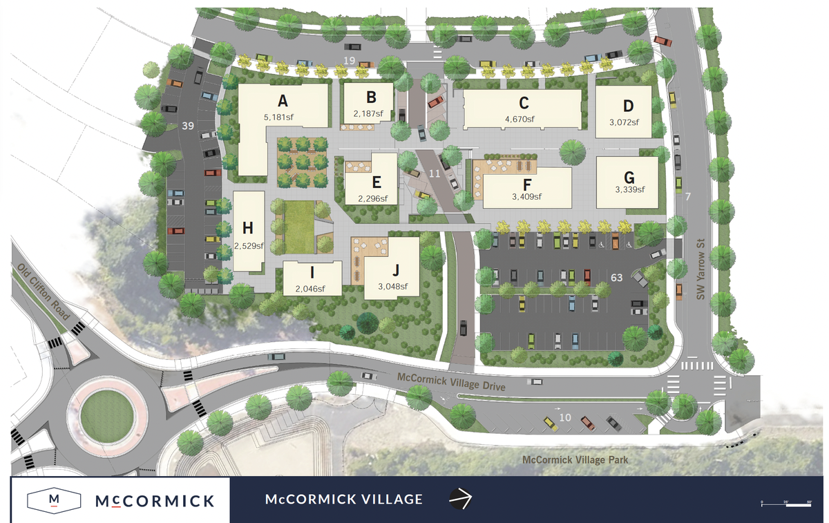 A site map shows plans for the retail center for the various McCormick neighborhoods in the Port Orchard area.