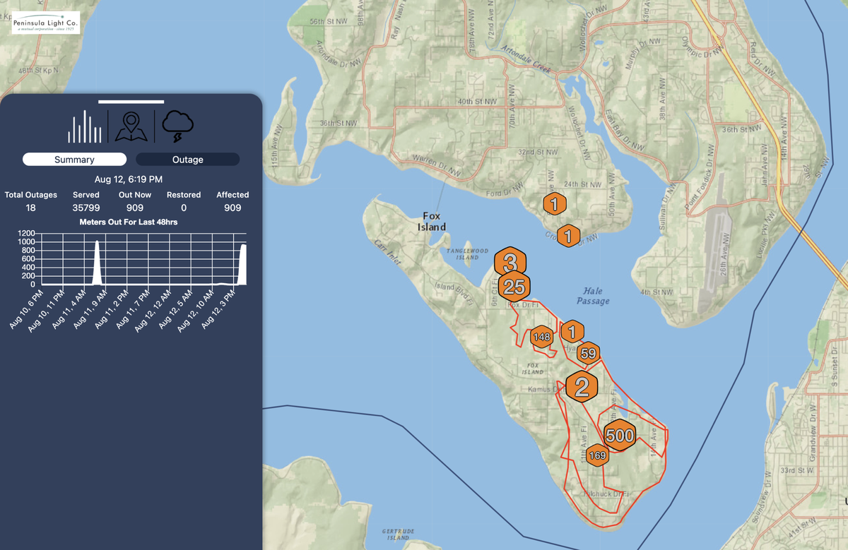 909 meters are affected by a power outage in the western and southern areas of Fox Island Aug. 12.