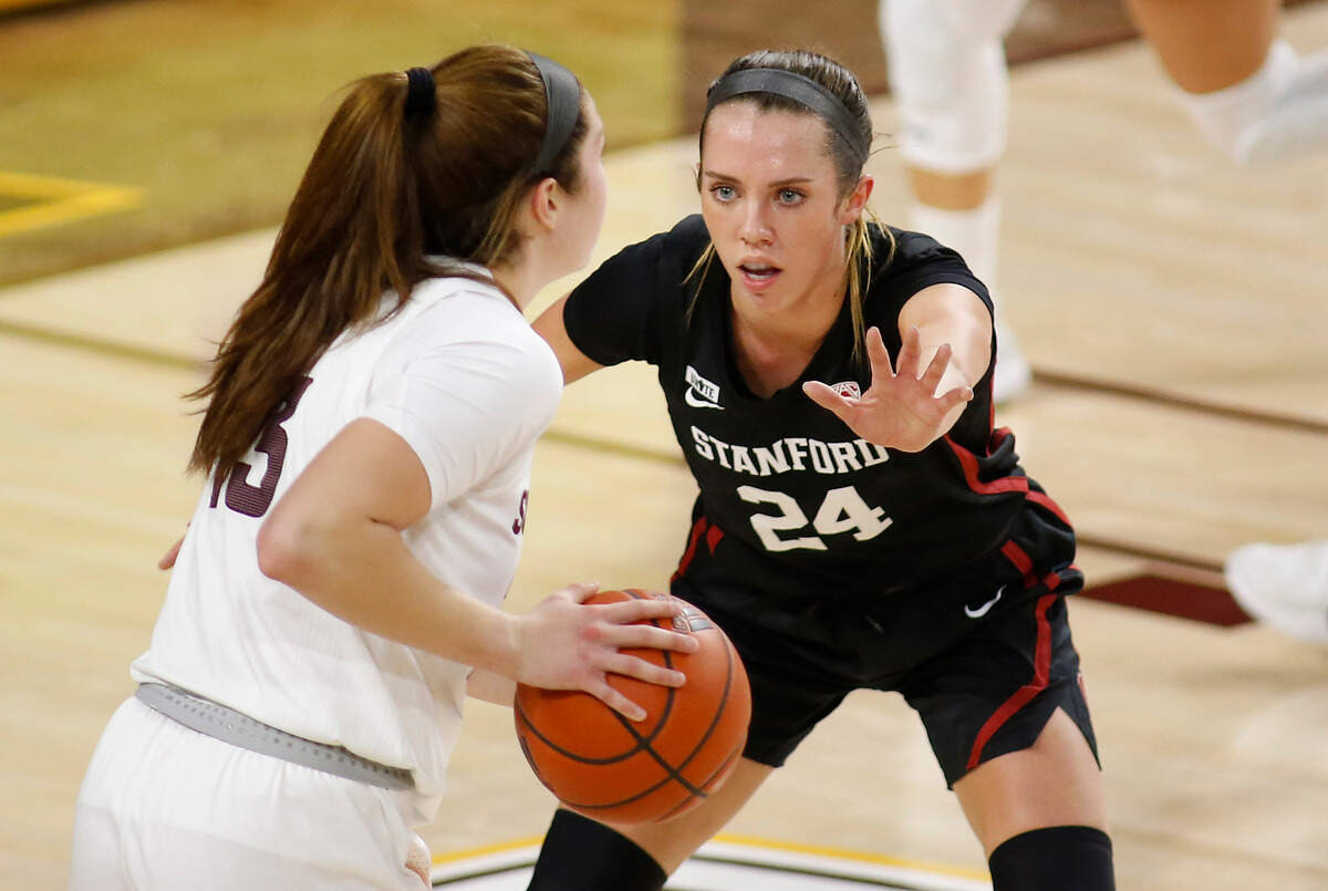Stanford’s Lacie Hull (24) plays defense against Arizona State during an NCAA college basketball game Sunday, Jan 3, 2021, in Tempe, Ariz. (AP Photo/Darryl Webb)