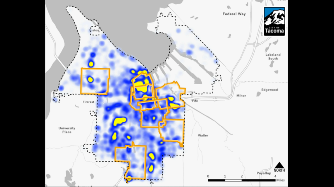 Heat map of Tacoma’s 311 reports related to homeless activity for the first quarter of 2025.