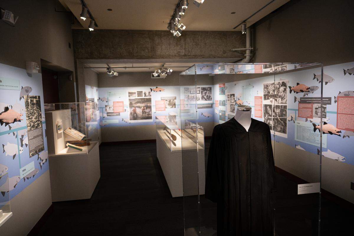 “The Boldt Decision at 50” commemorates the 1974 landmark ruling that recognized the fishing rights of Native American tribes will be on display at the Washington State History Museum, on Thursday, Feb. 8, 2024, in Tacoma, Washington.