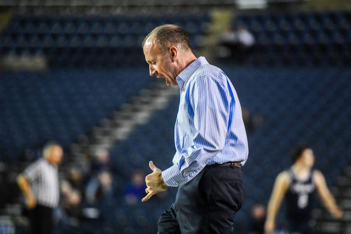 Olympia head coach John Kiley reacts after a foul by Olympia during the fourth quarter. Sumner played Olympia in a basketball game at Hardwood Classic at the Tacoma Dome in Tacoma, Wash., on Saturday, March 7, 2020.