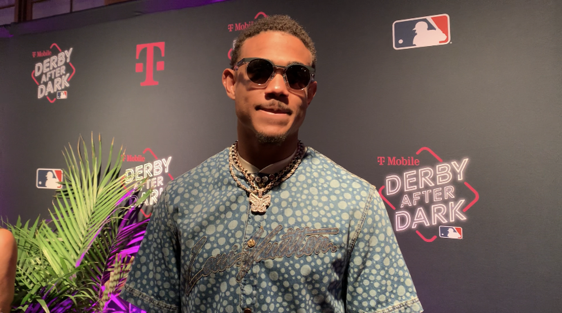 Mariners All-Star Julio Rodriguez on the “magenta carpet” at the T-Mobile Derby After Dark pary at Seattle’s Showbox SoDo July 10, 2023. Hours earlier, he set the MLB Home Run Derby record for one round with 41 homers at his home stadium just up the street.