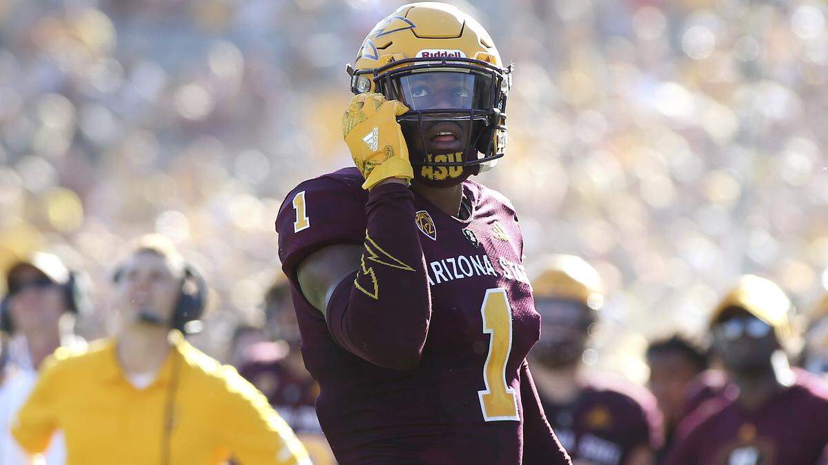Arizona State wide receiver N’Keal Harry (1) watches a video replay on the stadium scoreboard during the second half of an NCAA college football game against UCLA, Saturday, Nov. 10, 2018, in Tempe, Ariz. (AP Photo/Ralph Freso)