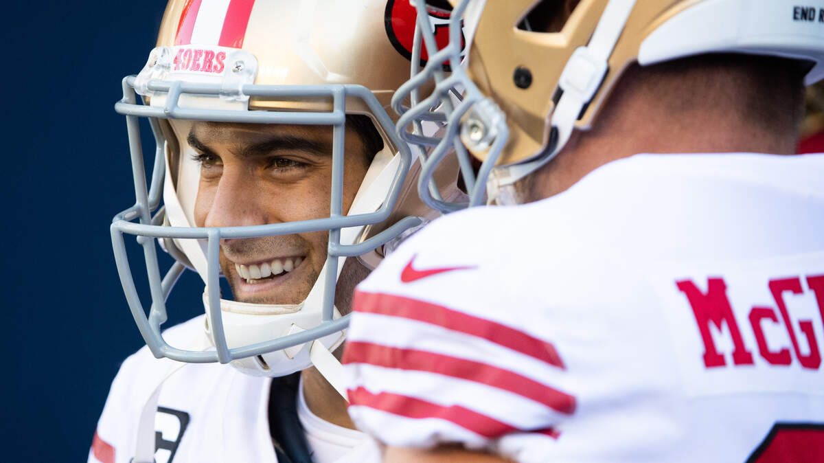 San Francisco 49ers Jimmy Garoppolo before the game. The Seattle Seahawks played the San Francisco 49ers in a NFL football game at CenturyLink Field in Seattle, Wash., on Sunday, Nov. 1, 2020.