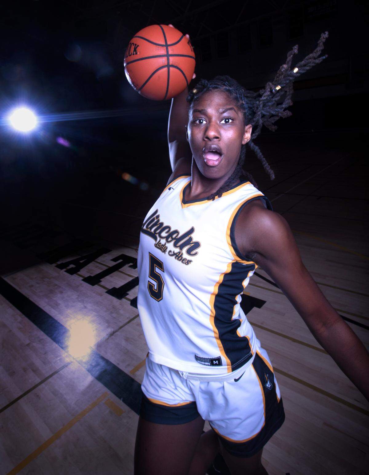 Lincoln freshman Oliviyah Edwards is one of the nation’s top basketball recruits. She is shown before basketball practice at Lincoln High School in Tacoma, Washington, on Thursday, Feb. 23, 2023.