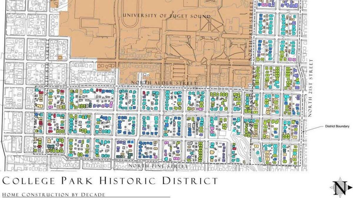 According to its application for the National Register of Historic Places, Tacoma’s College Park neighborhood is “roughly 125 acres bounded by North Pine Street on the east; North 21Street on the north; North Alder Street and North Union Avenue on the west; and North 8th & North 18th adjacent to the University, on the south.”