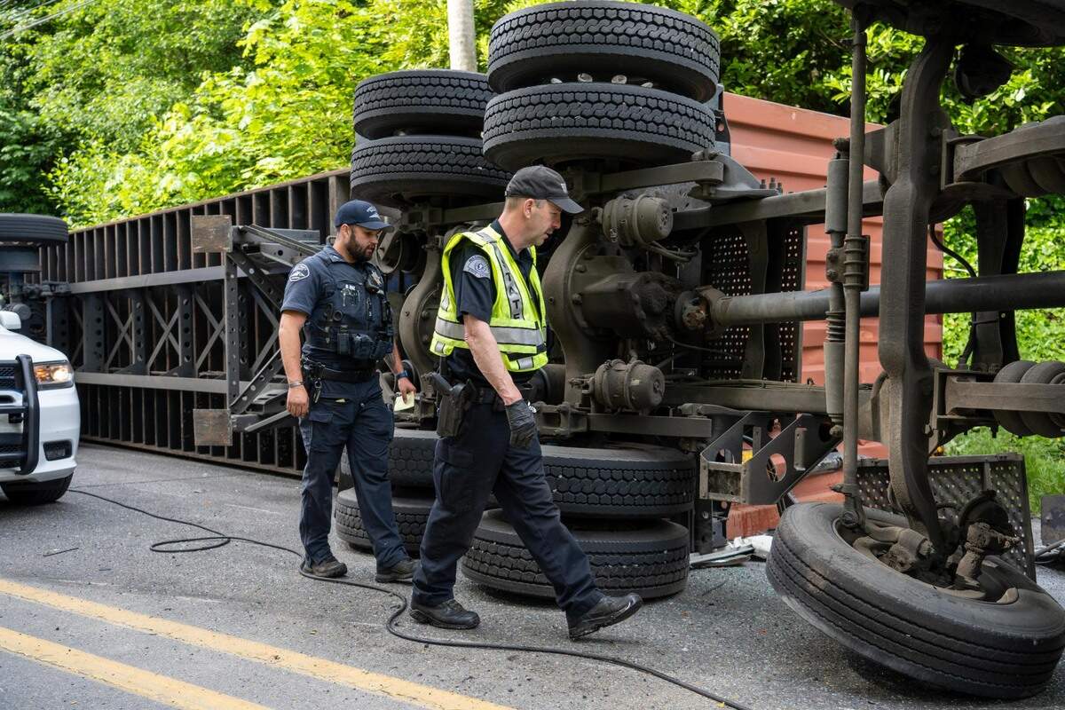 On Wednesday June 8, 2022 a semi-truck collided and rolled over causing a road closure on Canyon Rd E & Pioneer Way E. It is unclear how the rollover happened. Pierce County Deputy G. Bol and Commercial Vehicle Enforcement Officer E. Wiltse were unable to figure out the cause of it at the scene and will further investigate the semi once it is moved off-scene.