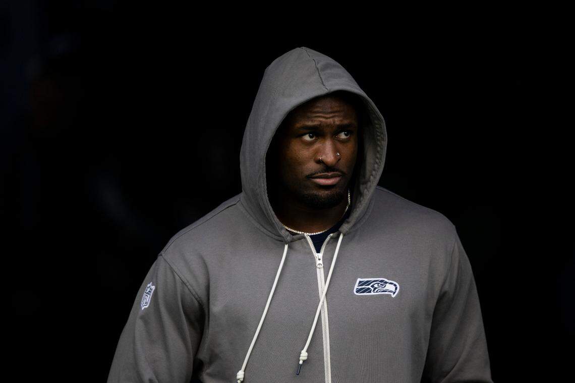 Seattle Seahawks wide receiver DK Metcalf (14) walks out before the game against the Los Angeles Rams at Lumen Field, on Sunday, Nov. 3, 2024 in Seattle, Wash.