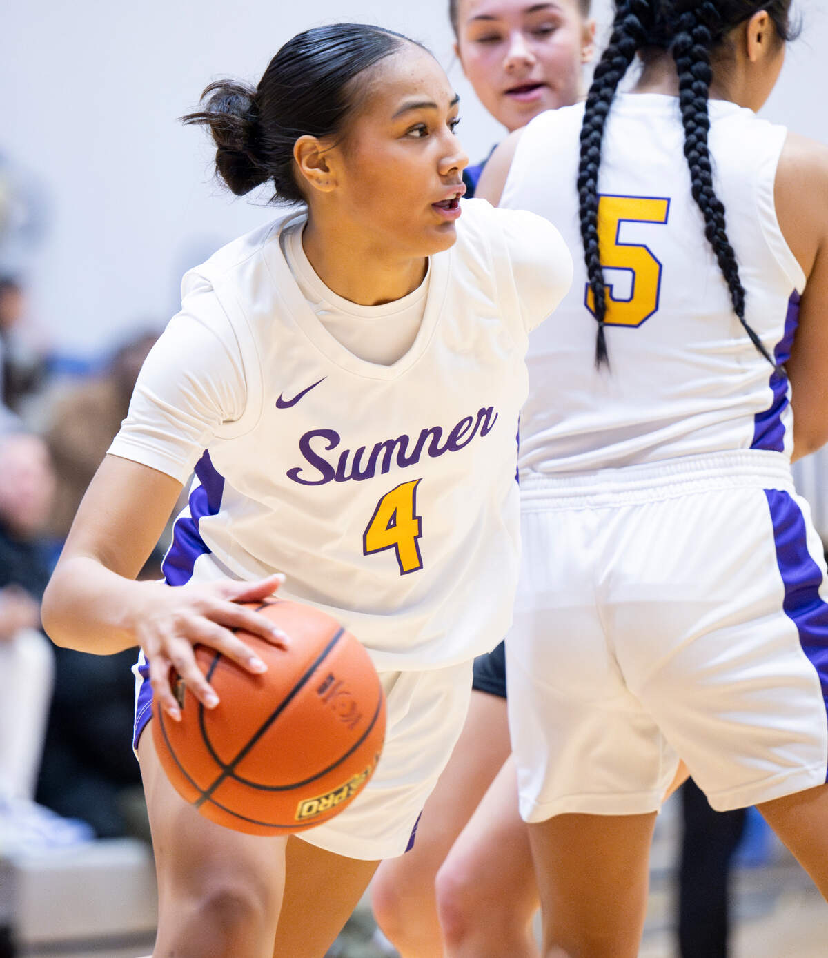 Sumner’s Kawehi Borden (4) drives to the basket during the girl basketball game against Lake Washington in The Dream Showcase, on Monday, Jan. 15, 2024, in Federal Way, Washington.