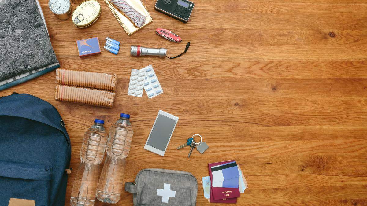 Top view of emergency backpack preparations with necessities