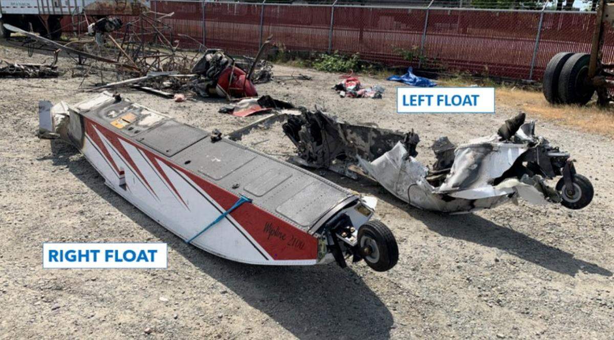 The floats of the Aviat Aircraft Husky A-1C-180 that crashed in Lakewood on May 9, 2023.