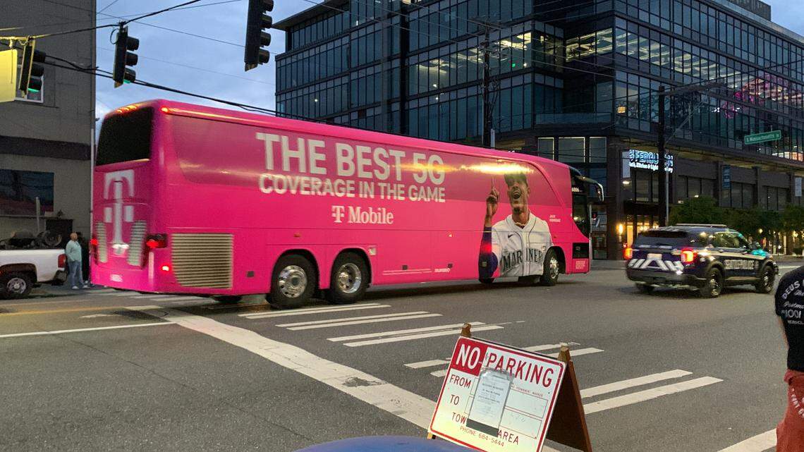 Mariners superstar slugger Julio Rodriguez featured on the side of buses rolling around Seattle during the week of the 93rd MLB All-Star Game. This bus was on 1st Avenue South outside the Showbox SoDo July 10, 2023.