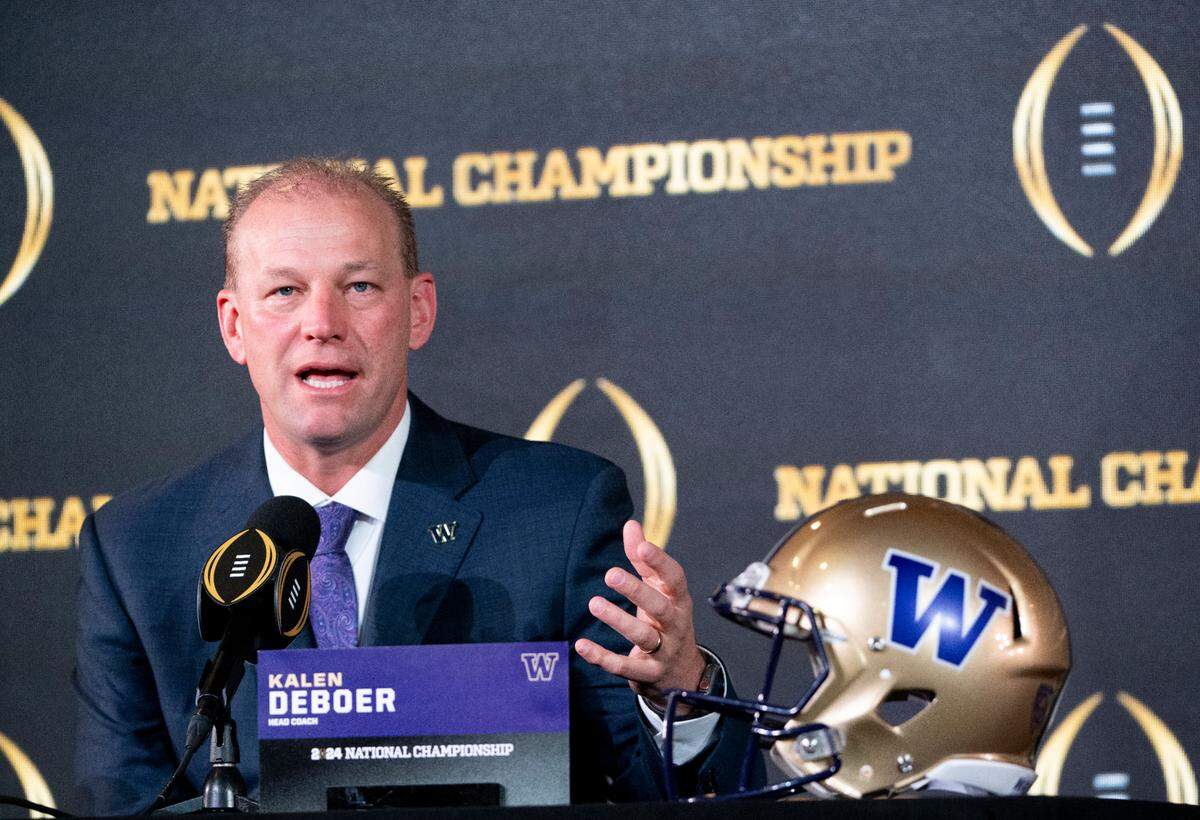 Washington head coach Kalen DeBoer answers questions from the media ahead of the College Football Playoff National Championship game, on Sunday, Jan. 7, 2024, in Houston.