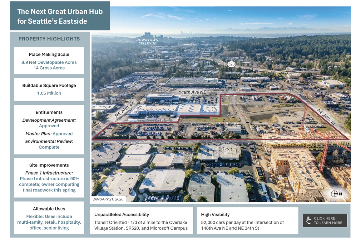 A page from the marketing material for Overlake Seritage site in Redmond touts its potential for residential and retail.