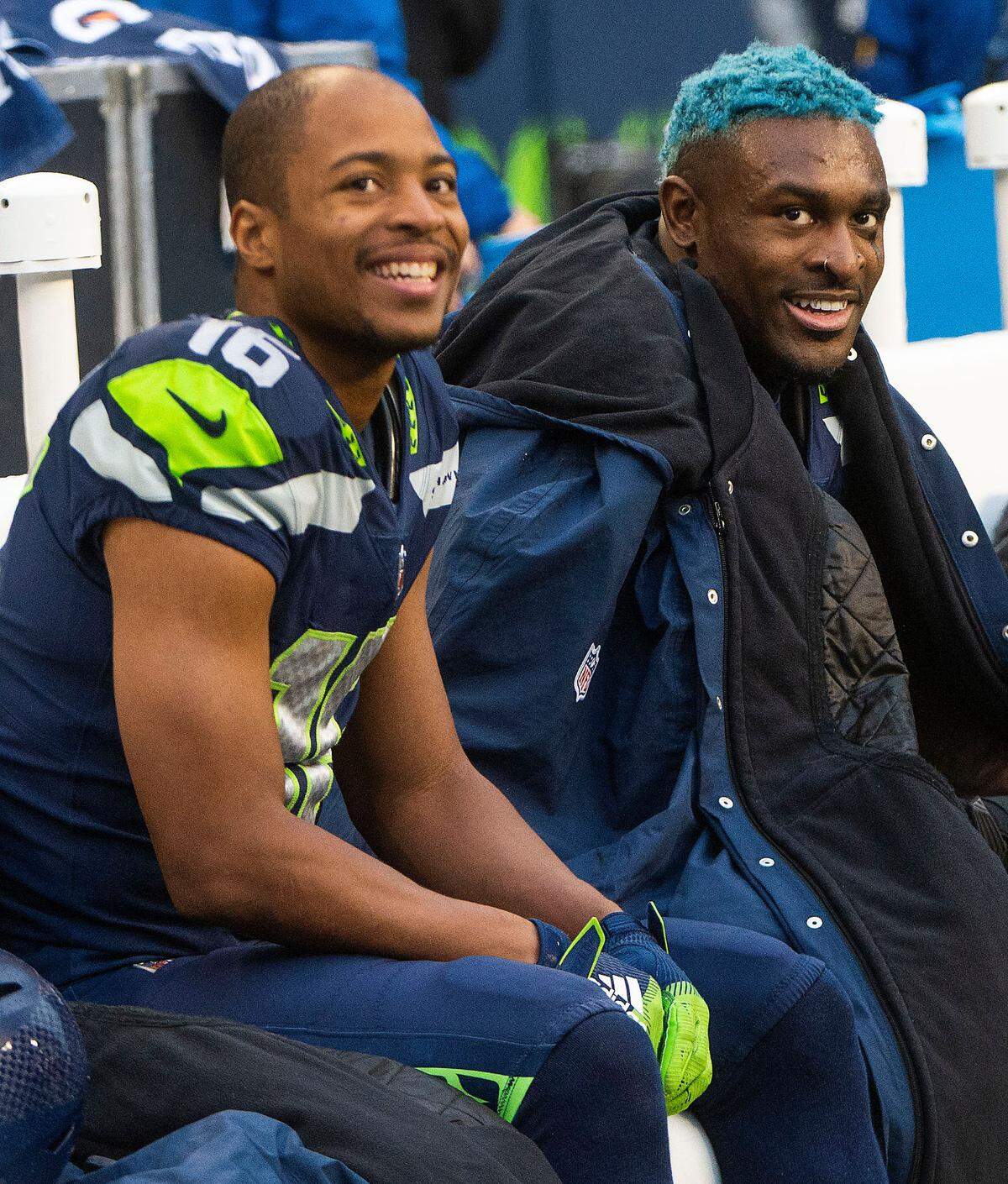 Seahawks receivers Tyler Lockett and DK Metcalf were all smiles after Metcalf caught a first-half TD pass during an NFL game between the Seattle Seahawks and the New Orleans Saints at Lumen Field in Seattle on Monday, Oct. 25, 2021.